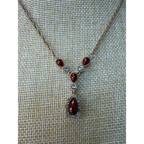 Gold-Tone Red Teardrop & Clear Crystal Pendant Necklace By Charter Club 18" Adju - Picture 6 of 8